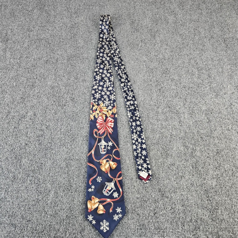 Vintage Cambridge Classics Christmas Tie 100% Silk Navy Snowflakes Bells Holiday